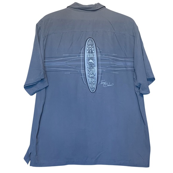 Tommy Bahama Camp Shirt Silk Gray Paddle Board Ride The Tide Embroidered Size L - Picture 1 of 6